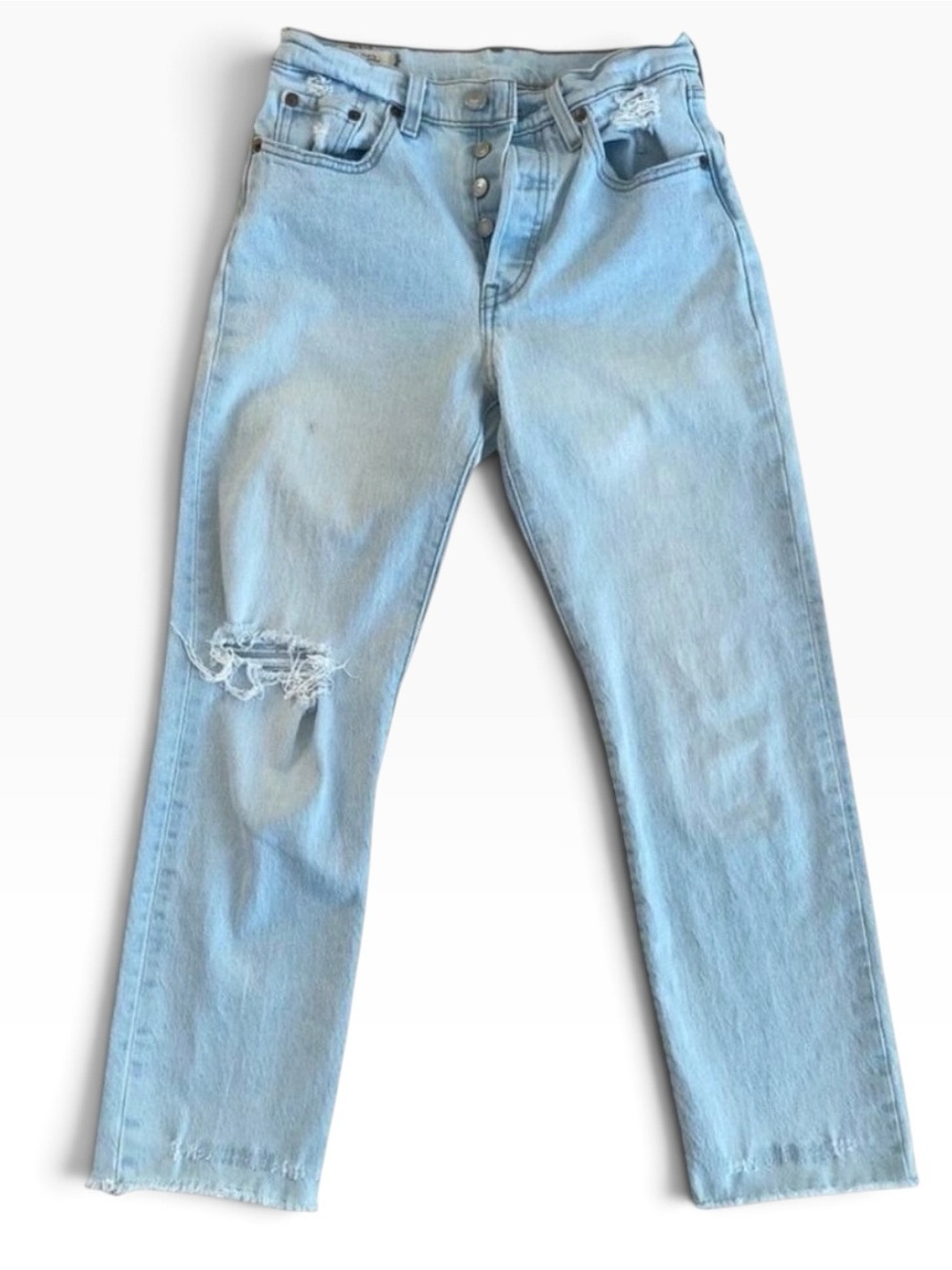 Levi’s premium 501 women distressed ripped knees light blue wash button fly 25